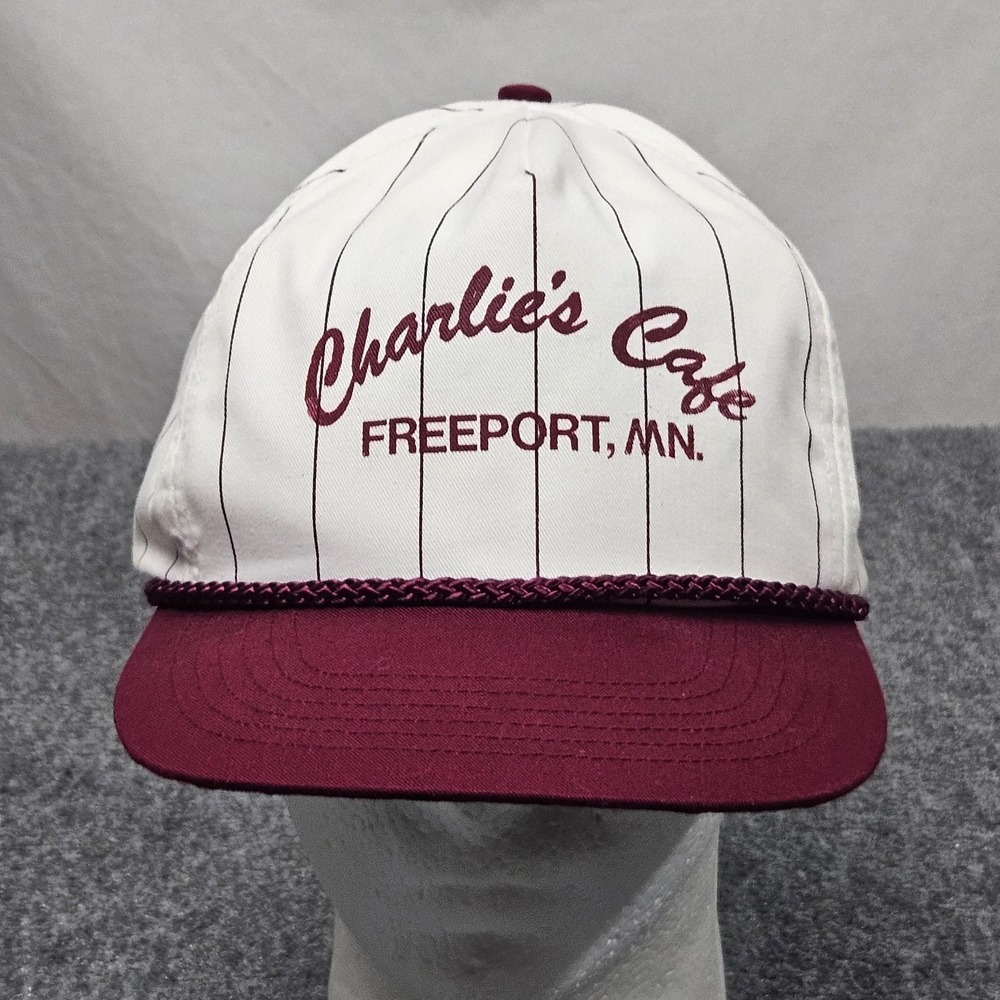 Vintage‎ Charlies Cafe Hat White Maroon Pinstripe Rope Cap Freeport MN Americana